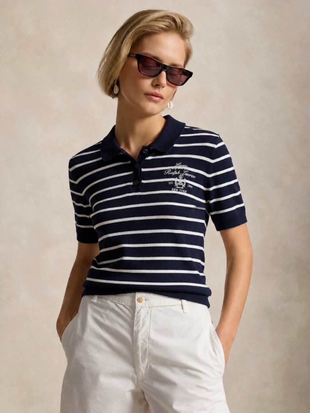 Ralph Lauren Navy and White Striped Short-Sleeve Polo
